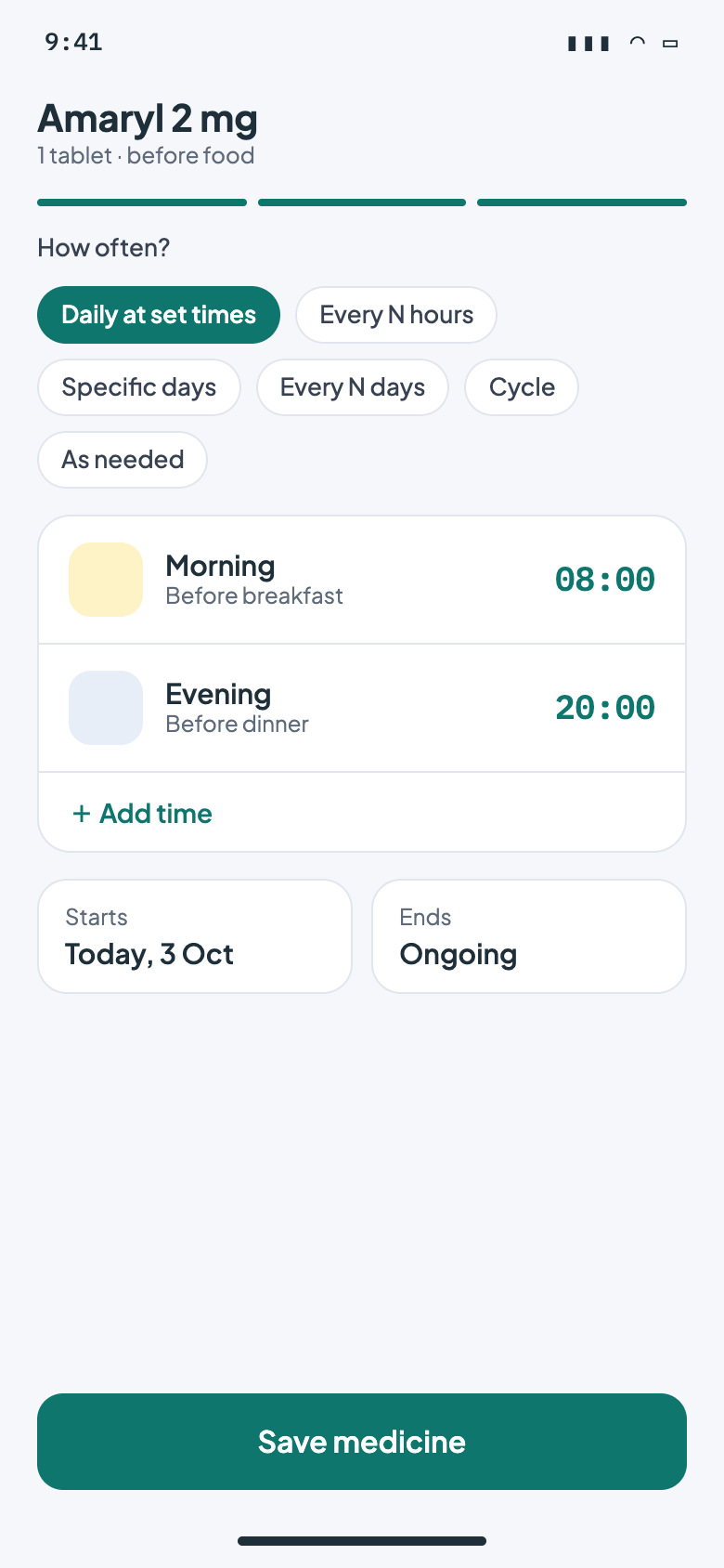 Adding a medicine and choosing its dose and times